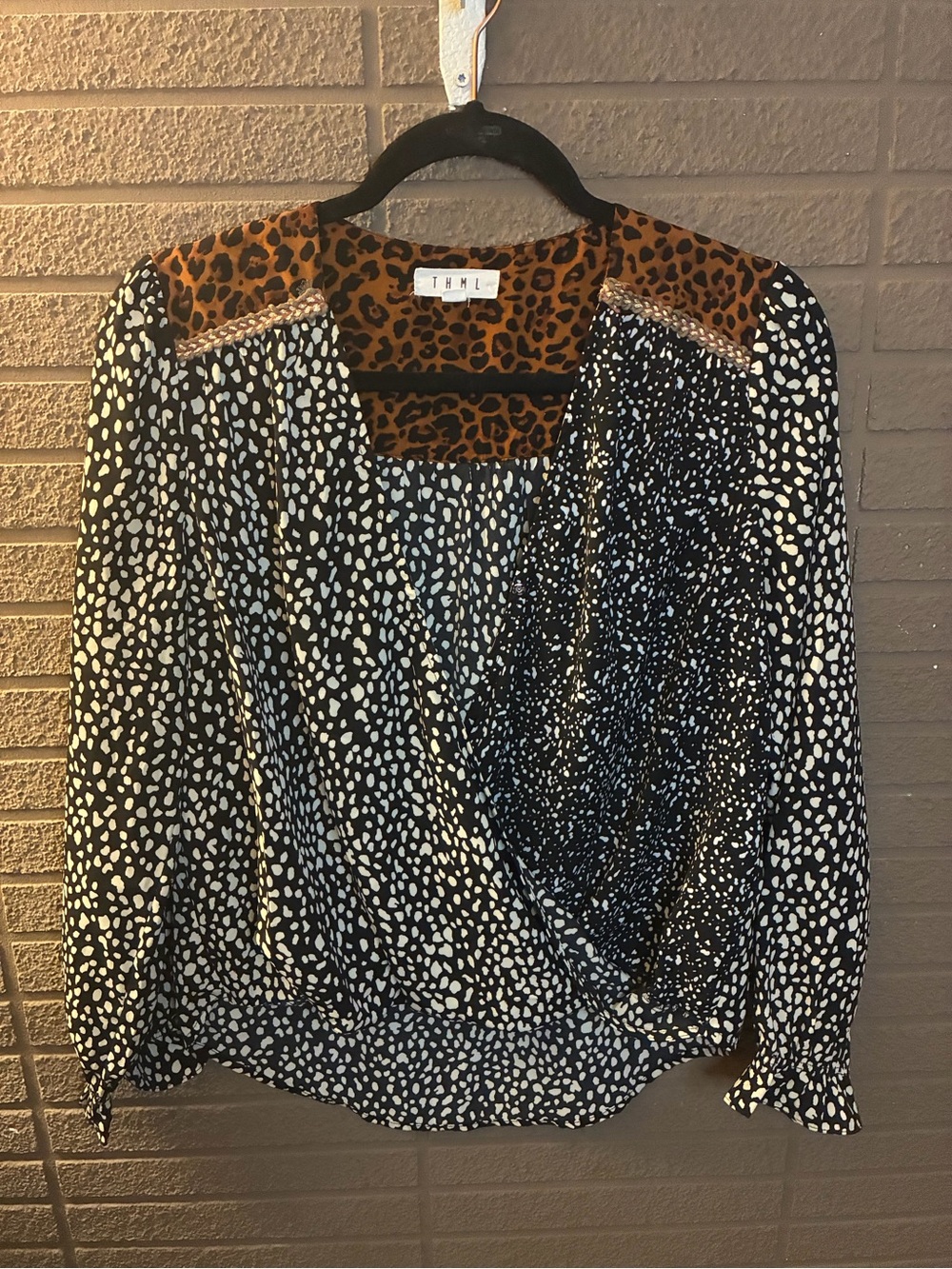 THML Black and White Dot Print Wrap Blouse with Leopard Yoke